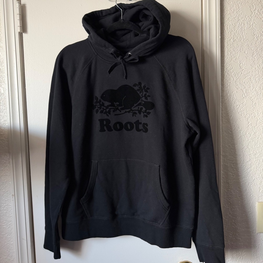Roots Womens Original Kanga Hoodie Black Flocked Logo Sweatshirt NWT  L